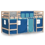 Letto a Soppalco Bambini con Tende Blu 90x190 cm Massello Pino