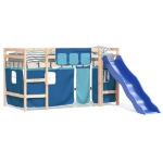 Letto a Soppalco Bambini con Tende Blu 90x190 cm Massello Pino