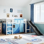 Letto a Soppalco Bambini con Tende Blu 90x190 cm Massello Pino