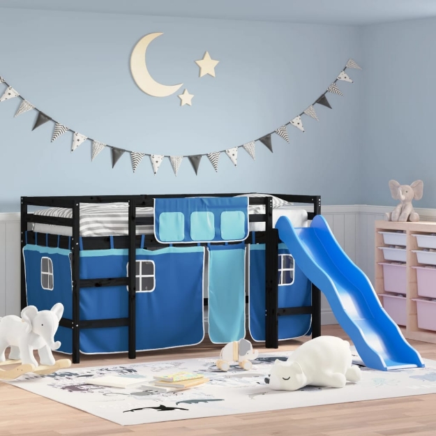 Letto a Soppalco Bambini con Tende Blu 90x190 cm Massello Pino