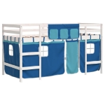 Letto a Soppalco Bambini con Tende Blu 90x190 cm Massello Pino