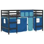 Letto a Soppalco Bambini con Tende Blu 90x190 cm Massello Pino