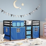 Letto a Soppalco Bambini con Tende Blu 90x190 cm Massello Pino