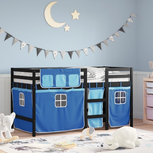 Letto a Soppalco Bambini con Tende Blu 90x190 cm Massello Pino