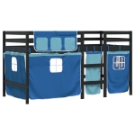 Letto a Soppalco Bambini con Tende Blu 90x190 cm Massello Pino