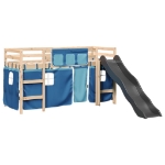 Letto a Soppalco Bambini con Tende Blu 90x190 cm Massello Pino