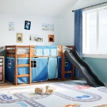 Letto a Soppalco Bambini con Tende Blu 90x190 cm Massello Pino