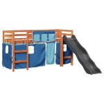 Letto a Soppalco Bambini con Tende Blu 90x190 cm Massello Pino