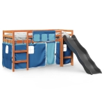 Letto a Soppalco Bambini con Tende Blu 90x190 cm Massello Pino