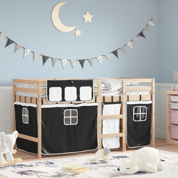 Letto a Soppalco con Tende Bambini Bianco e Nero 80x200 cm Pino