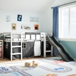 Letto a Soppalco con Tende Bambini Bianco e Nero 80x200 cm Pino