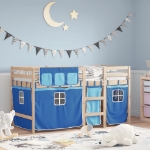 Letto a Soppalco con Tende Bambini Blu 80x200 cm Massello Pino