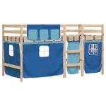 Letto a Soppalco con Tende Bambini Blu 80x200 cm Massello Pino