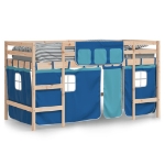 Letto a Soppalco con Tende Bambini Blu 80x200 cm Massello Pino