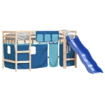 Letto a Soppalco con Tende Bambini Blu 90x200 cm Massello Pino