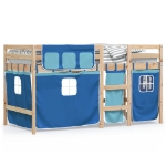 Letto a Soppalco con Tende Bambini Blu 90x200 cm Massello Pino