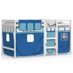 Letto a Soppalco con Tende Bambini Blu 90x200 cm Massello Pino