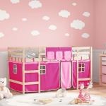 Letto a Soppalco con Tende Bambini Rosa 80x200 cm Massello Pino