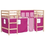 Letto a Soppalco con Tende Bambini Rosa 80x200 cm Massello Pino