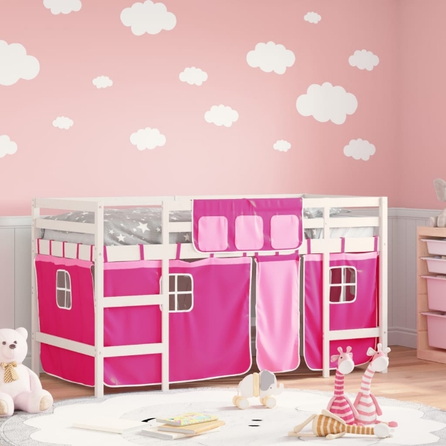 Letto a Soppalco con Tende Bambini Rosa 80x200 cm Massello Pino