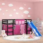 Letto a Soppalco con Tende Bambini Rosa 80x200 cm Massello Pino