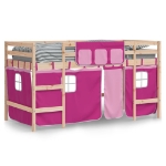 Letto a Soppalco con Tende Bambini Rosa 90x190 cm Massello Pino