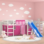 Letto a Soppalco con Tende Bambini Rosa 90x200 cm Massello Pino