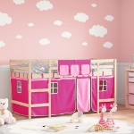 Letto a Soppalco con Tende Bambini Rosa 90x200 cm Massello Pino