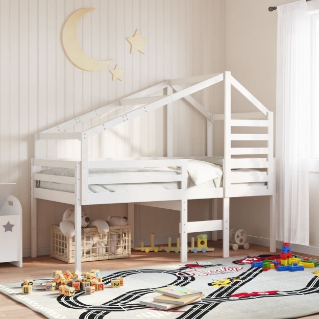 Letto a Soppalco con Tetto Bianco 80x200 cm in Legno di Pino