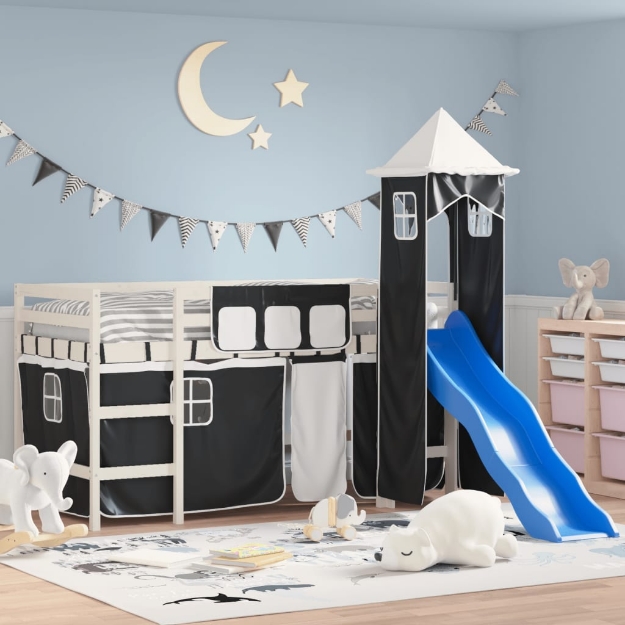 Letto a Soppalco con Torre Bambini Bianco e Nero 90x190cm Pino