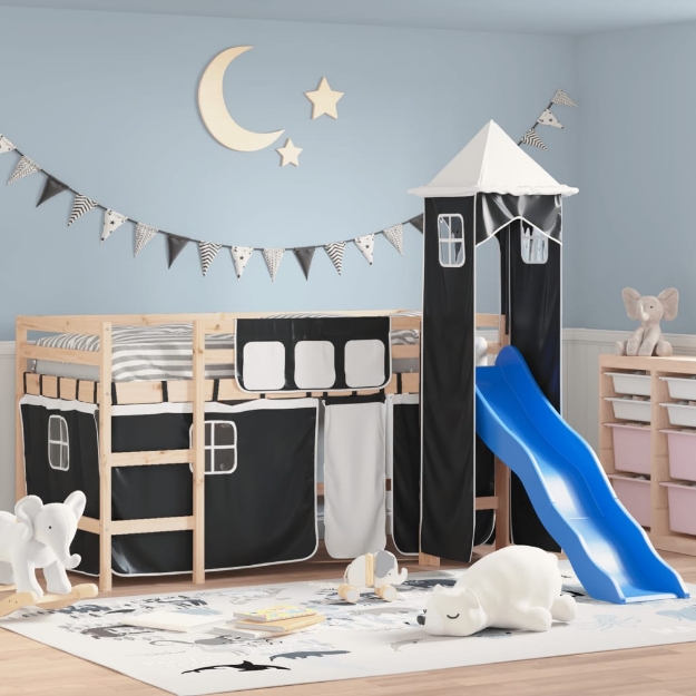 Letto a Soppalco con Torre Bambini Bianco e Nero 90x190cm Pino