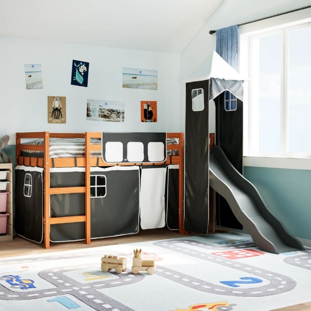 Letto a Soppalco con Torre Bambini Bianco e Nero 90x190cm Pino