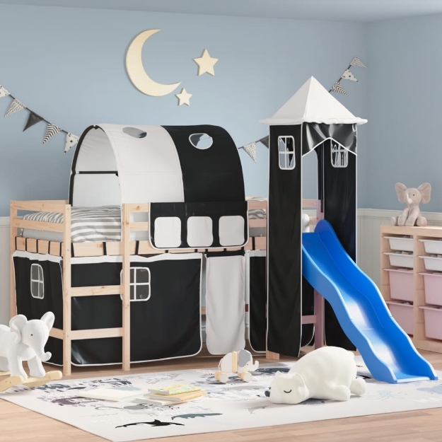 Letto a Soppalco con Torre Bambini Bianco e Nero 90x200cm Pino