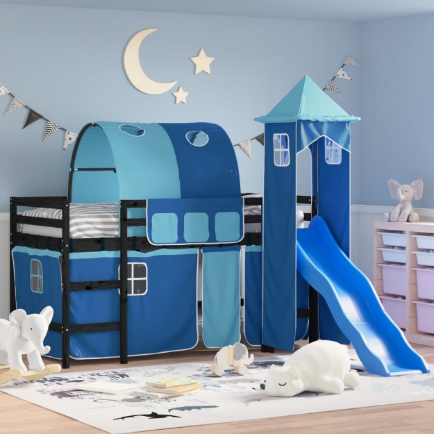 Letto a Soppalco con Torre Bambini Blu 80x200cm Massello Pino