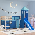 Letto a Soppalco con Torre Bambini Blu 80x200cm Massello Pino