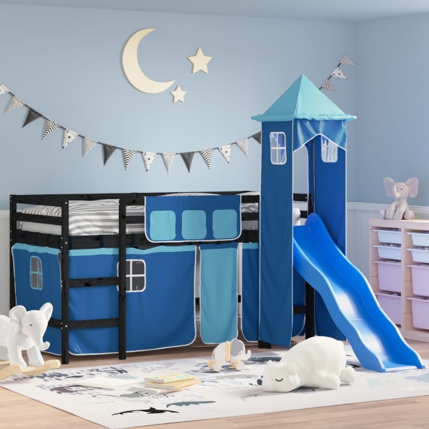 Letto a Soppalco con Torre Bambini Blu 80x200cm Massello Pino