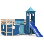 Letto a Soppalco con Torre Bambini Blu 90x190cm Massello Pino