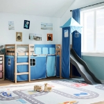 Letto a Soppalco con Torre Bambini Blu 90x190cm Massello Pino