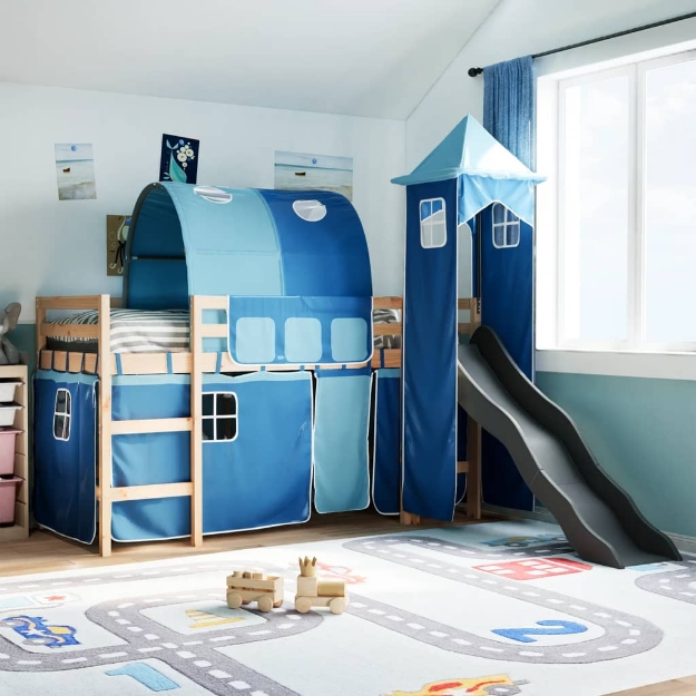 Letto a Soppalco con Torre Bambini Blu 90x190cm Massello Pino