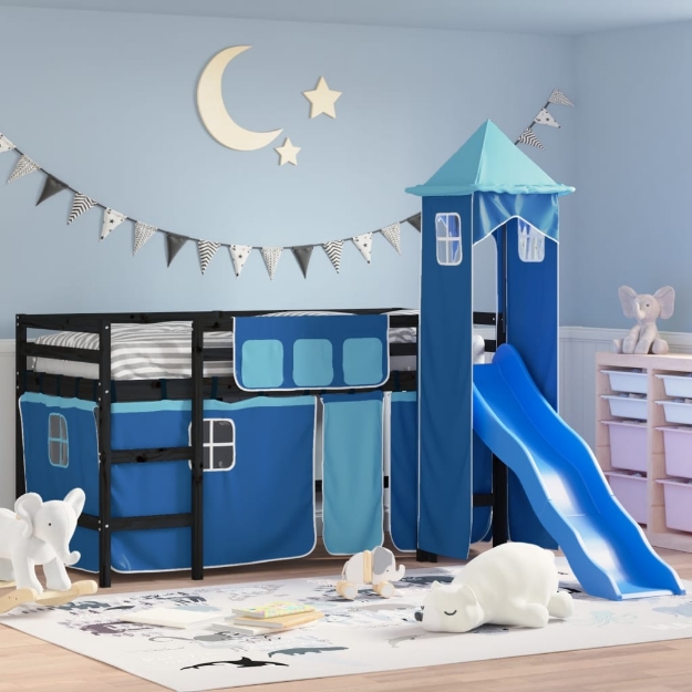 Letto a Soppalco con Torre Bambini Blu 90x190cm Massello Pino