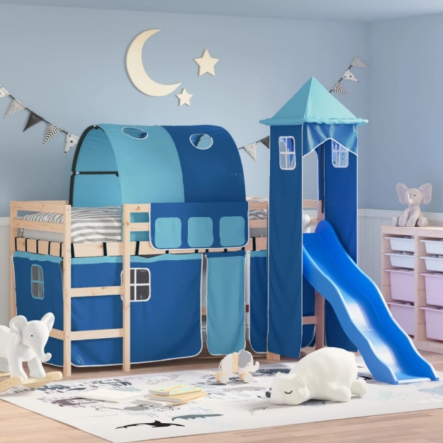 Letto a Soppalco con Torre Bambini Blu 90x190cm Massello Pino