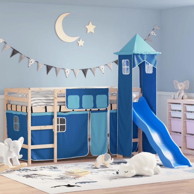 Letto a Soppalco con Torre Bambini Blu 90x200cm Massello Pino