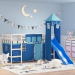 Letto a Soppalco con Torre Bambini Blu 90x200cm Massello Pino