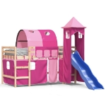 Letto a Soppalco con Torre Bambini Rosa 80x200cm Massello Pino