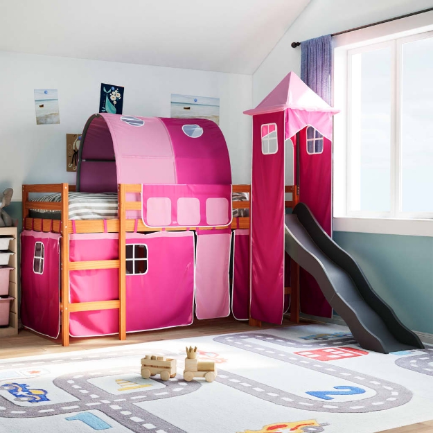 Letto a Soppalco con Torre Bambini Rosa 80x200cm Massello Pino