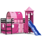 Letto a Soppalco con Torre Bambini Rosa 80x200cm Massello Pino