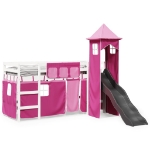 Letto a Soppalco con Torre Bambini Rosa 90x190cm Massello Pino