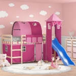 Letto a Soppalco con Torre Bambini Rosa 90x190cm Massello Pino