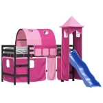 Letto a Soppalco con Torre Bambini Rosa 90x200cm Massello Pino