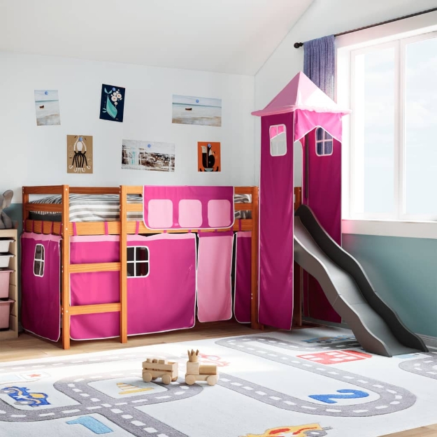 Letto a Soppalco con Torre Bambini Rosa 90x200cm Massello Pino